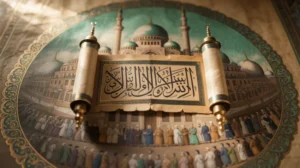 Ilustrasi sejarah Maulid Nabi Muhammad SAW dengan kaligrafi dan elemen tradisional Islam