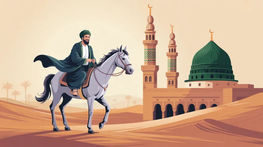 Ilustrasi sejarah Nabi Muhammad SAW dengan latar Masjid Nabawi
