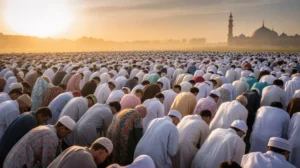 Jamaah muslim sedang melaksanakan shalat Ied di lapangan terbuka dengan pemandangan matahari terbit
