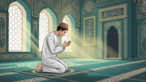 Ilustrasi muslim sedang melaksanakan shalat sunnah rawatib
