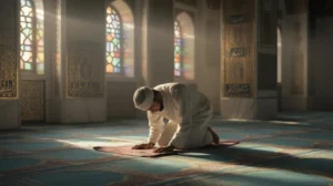 Ilustrasi seseorang sedang melaksanakan shalat sunnah munfarid dengan khusyuk