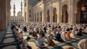 Jamaah melaksanakan shalat tarawih berjamaah di masjid dengan suasana khusyuk