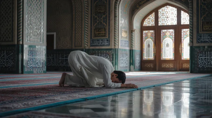 Ilustrasi muslim sedang melaksanakan shalat wajib di masjid