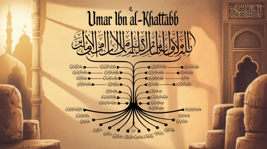 Ilustrasi silsilah Umar bin Khattab dengan pohon keluarga dan latar masjid kuno