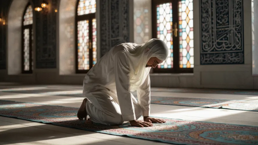 Ilustrasi orang sedang melaksanakan shalat dengan khusyuk mengikuti sunnah Rasulullah