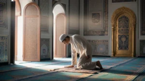 Ilustrasi muslim sedang melaksanakan shalat dengan khusyuk