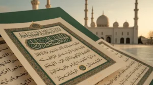 Ilustrasi talak fasakh adalah perceraian dalam Islam dengan latar belakang mushaf Al-Quran