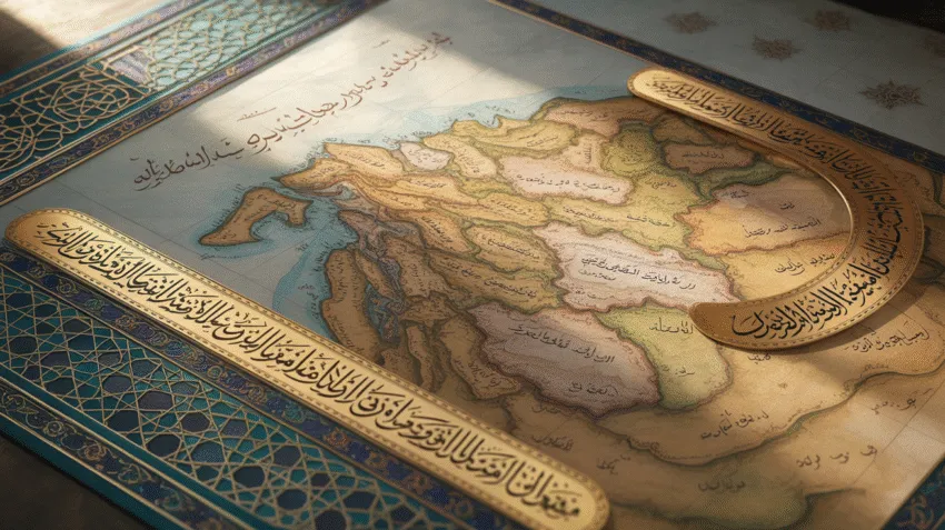 Ilustrasi tanah yang dijanjikan dalam Al-Qur'an dengan peta Timur Tengah dan kaligrafi Arab