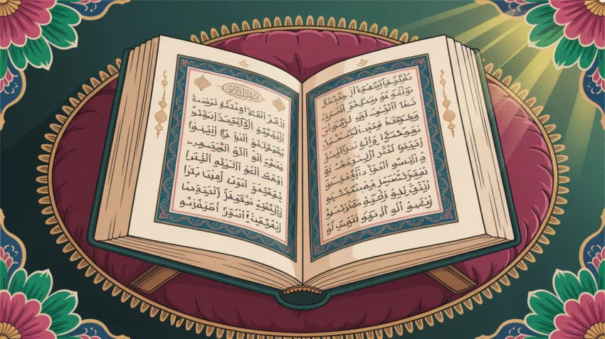 Ilustrasi Al-Qur'an terbuka dengan cahaya ilahi dan tulisan Arab tentang kelahiran