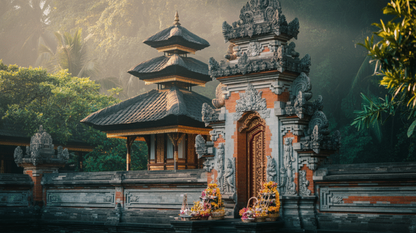 Pura Hindu dengan arsitektur tradisional Bali, tempat beribadah umat Hindu
