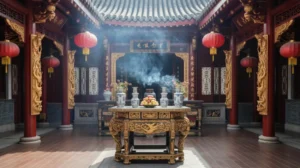 Interior kelenteng Konghucu dengan altar dan lilin merah