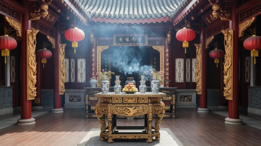 Interior kelenteng Konghucu dengan altar dan lilin merah