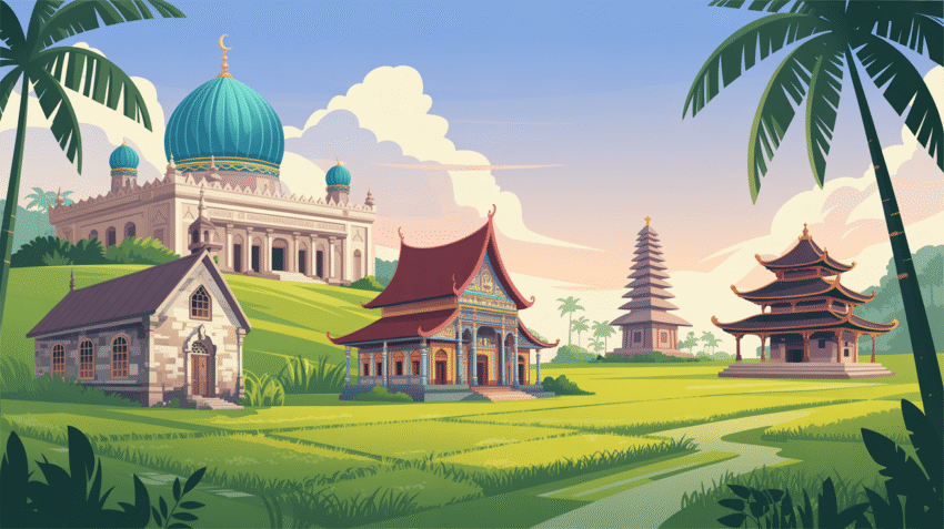 Berbagai tempat ibadah agama di Indonesia termasuk masjid, gereja, pura, vihara, dan klenteng
