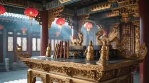 Interior kelenteng agama Khonghucu dengan altar dan lilin merah