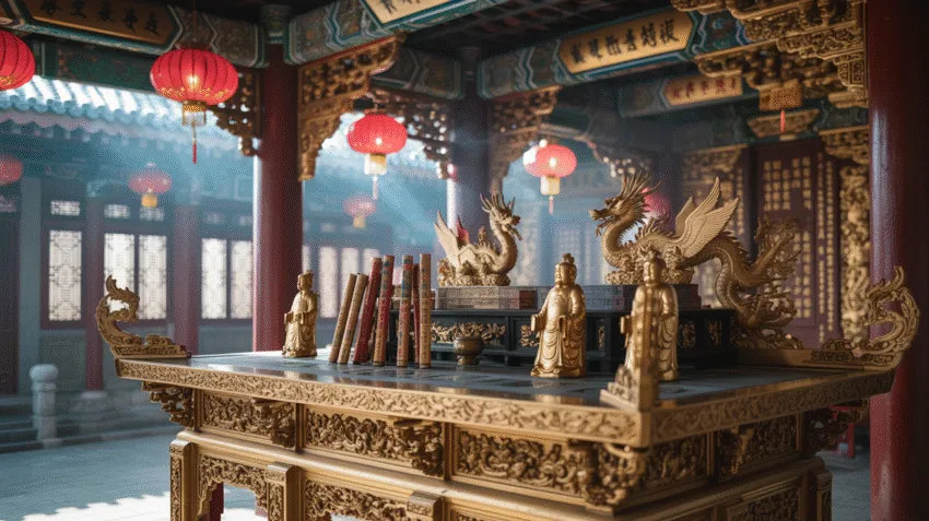 Interior kelenteng agama Khonghucu dengan altar dan lilin merah