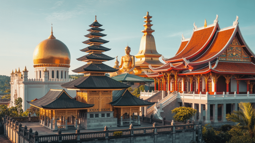 Berbagai tempat ibadah di Indonesia termasuk masjid, gereja, pura, vihara, dan klenteng