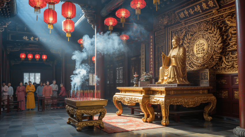 Interior kelenteng Konghucu dengan altar dan lilin merah