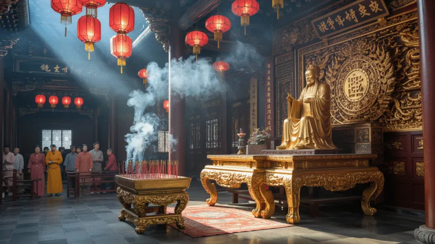 Interior kelenteng Konghucu dengan altar dan lilin merah