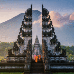 Pura Besakih sebagai tempat ibadah umat Hindu di Bali dengan latar Gunung Agung