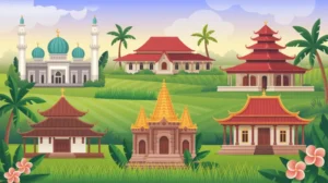 Tempat ibadah berbagai agama di Indonesia termasuk masjid, gereja, pura, vihara, dan klenteng