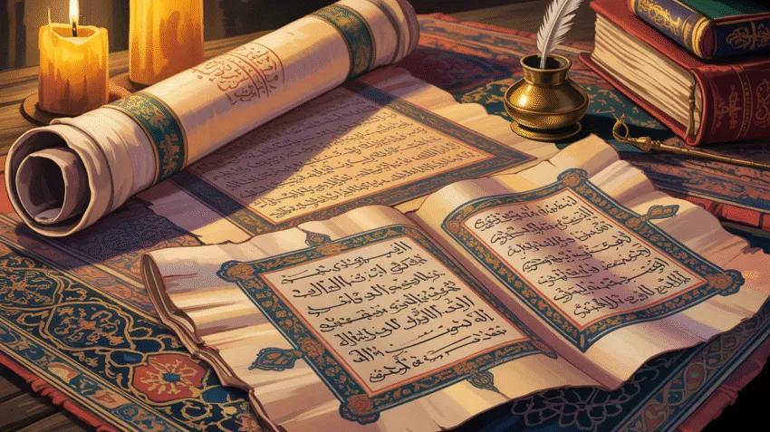 Ilustrasi tulisan Umar bin Khattab dengan kaligrafi Arab dan pena tradisional