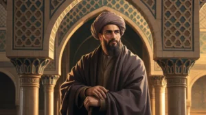 Umar bin Khattab dengan latar masjid kuno dan cahaya keemasan