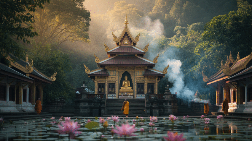 Vihara tempat ibadah agama Buddha dengan arsitektur tradisional dan suasana damai