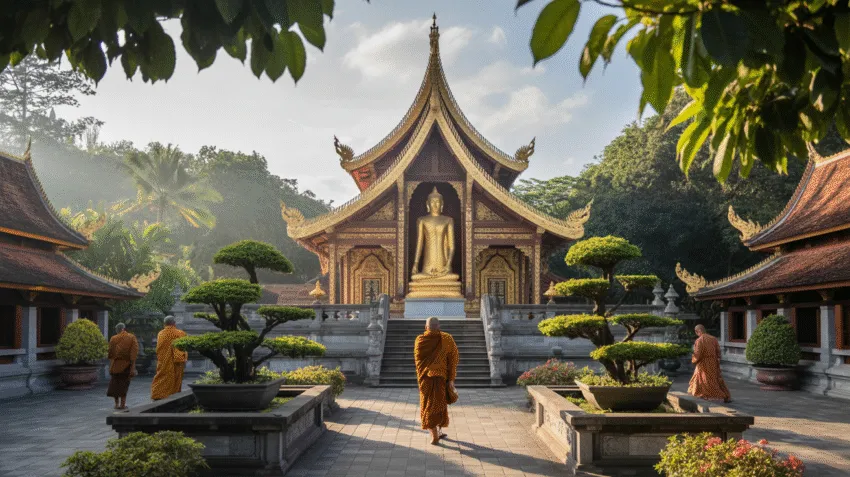 Vihara tempat ibadah umat Buddha dengan arsitektur tradisional dan patung Buddha