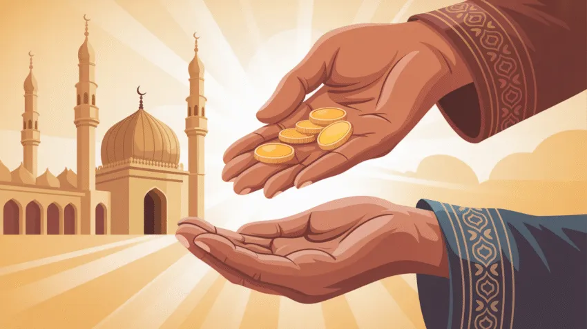 Ilustrasi zakat sebagai rukun Islam ke-3 dengan gambar tangan memberikan sedekah
