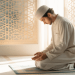 Ilustrasi muslim sedang berdoa dan berdzikir sesudah sholat fardhu
